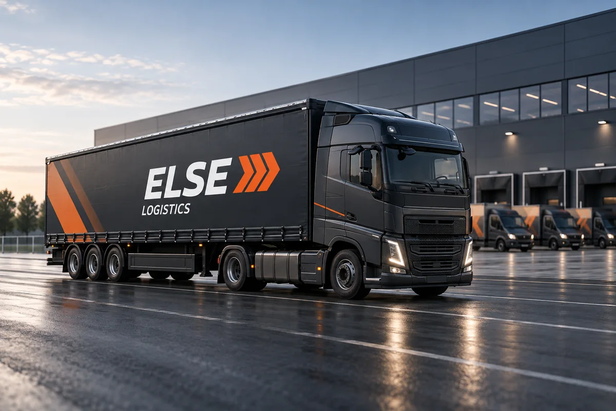 ELSE Logistics zīmola vizualizācija uz kravas automašīnas pie loģistikas termināļa