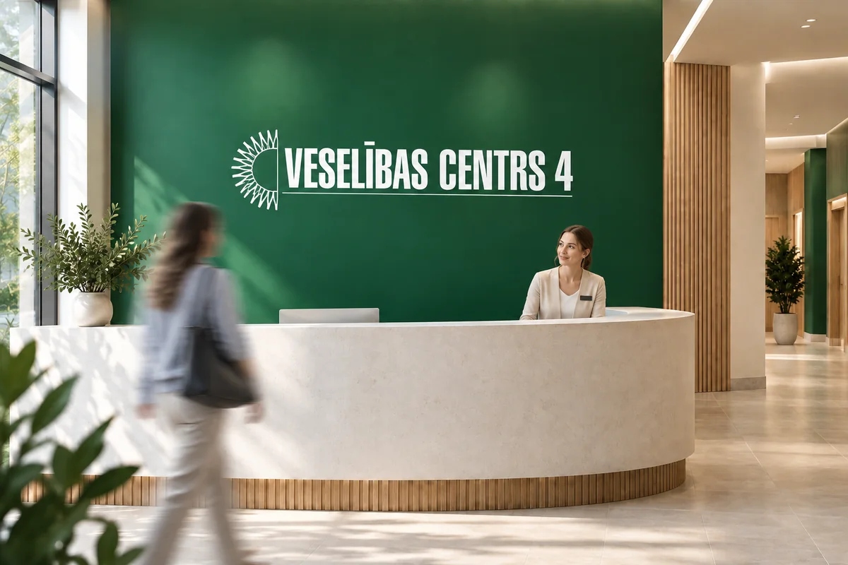 Konceptuāla Veselības centra 4 reģistratūras vizualizācija ar apmeklētāju un darbinieci